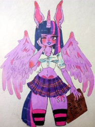 Size: 3356x4485 | Tagged: safe, artist:sheetofplywood8, twilight sparkle, human, g4, blushing, book, clothes, eared humanization, female, horn, horned humanization, humanized, lipstick, midriff, one eye closed, pony coloring, short hair, skirt, socks, solo, striped socks, traditional art, winged humanization, wings
