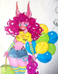 Size: 3310x4191 | Tagged: safe, artist:sheetofplywood8, pinkie pie, human, g4, arm warmers, balloon, belly button, blushing, clothes, cutie mark on human, eared humanization, female, humanized, midriff, panties, shorts, smiling, socks, solo, striped arm warmers, striped socks, thigh highs, thong, traditional art, underwear