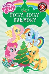 Size: 1696x2560 | Tagged: safe, applejack, fluttershy, pinkie pie, rainbow dash, earth pony, pegasus, pony, g4, my little pony: holly jolly harmony, official, bauble, book cover, box, christmas, christmas tree, cover, female, fir tree, flying, holiday, holly, holly in mane, mare, ornament, passport to reading, stock vector, tinsel, tree, tree topper