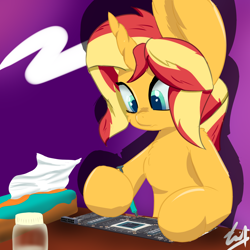 Size: 2048x2048 | Tagged: safe, artist:dianetgx, sunset shimmer, pony, unicorn, semi-anthro, equestria girls 10th anniversary, g4, arm hooves, bottle, female, graphics card, high res, hoof hold, looking at something, mare, sitting, thermal paste, tissue box