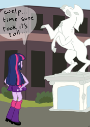 Size: 1653x2338 | Tagged: safe, artist:blackcat, twilight sparkle, human, equestria girls 10th anniversary, equestria girls, g4, canterlot high, colored, female, flat colors, speech bubble, statue