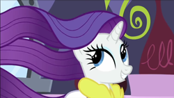 Size: 800x450 | Tagged: safe, screencap, rarity, pony, unicorn, g4, interseason shorts, rarity's biggest fan, clothes, hair, mane, robe, solo, spa robe, windswept hair, windswept mane, youtube