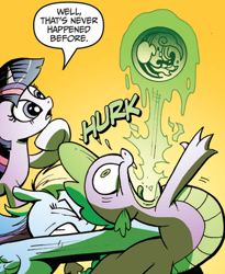 Size: 428x523 | Tagged: safe, artist:andy price, idw, official comic, rainbow dash, spike, twilight sparkle, dragon, pony, friendship is magic #1, g4, the return of queen chrysalis, burp, comics, dragon mail, female, male, mare, out of context, trio