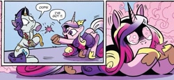 Size: 819x379 | Tagged: safe, artist:andy price, idw, princess cadance, rarity, alicorn, pony, unicorn, friendship is magic #77, g4, out of context, possession, purple hair, purple mane