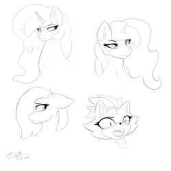 Size: 2500x2500 | Tagged: safe, artist:astrum, marble pie, princess celestia, princess luna, alicorn, cat, earth pony, pony, g4, bedroom eyes, blaze the cat, bust, chest fluff, crossover, digital art, disgusted, ethereal hair, ethereal mane, eye clipping through hair, eyebrows, eyebrows visible through hair, fangs, female, frown, group, head tilt, heart, high res, lidded eyes, looking sideways, mare, missing accessory, monochrome, open mouth, quartet, raised eyebrow, royal sisters, shy, siblings, signature, simple background, sisters, sketch, smiling, sonic the hedgehog (series), white background