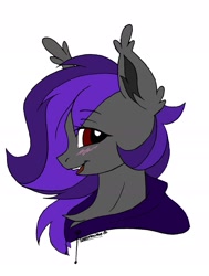 Size: 1414x1875 | Tagged: source needed, safe, artist:cottonaime, oc, oc only, oc:night breeze, bat pony, pony, bat pony oc, blushing, bust, clothes, cute, female, hoodie, looking at you, mare, ocbetes, pone, simple background, solo, white background