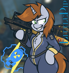 Size: 1380x1458 | Tagged: safe, artist:isaac_pony, oc, oc only, oc:littlepip, pony, unicorn, semi-anthro, fallout equestria, arm hooves, chest fluff, clothes, fallout, female, gun, horn, icon, jumpsuit, pipbuck, smiling, solo, stupid sexy littlepip, tail, thick, vault suit, vector, weapon