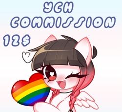 Size: 633x581 | Tagged: safe, artist:arwencuack, oc, oc:arwencuack, pegasus, pony, advertisement, chibi, commission, commission info, cute, cute little fangs, emotes, fangs, lgbt, solo, twitch, your character here