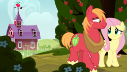 Size: 1920x1080 | Tagged: safe, anonymous artist, edit, edited screencap, screencap, big macintosh, fluttershy, earth pony, pegasus, pony, g4, it isn't the mane thing about you, apple, apple tree, barn, bedroom eyes, duo, duo male and female, female, looking at each other, looking at someone, male, mare, ship:fluttermac, shipping, smiling, smiling at each other, stallion, straight, sweet apple acres, sweet apple acres barn, tree, walking