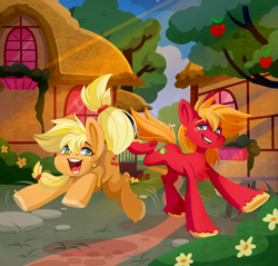 Size: 3541x3391 | Tagged: safe, artist:1an1, applejack, big macintosh, earth pony, pony, g4, apple, apple tree, brother and sister, building, bush, chest fluff, duo, duo male and female, female, flower, high res, male, mare, open mouth, open smile, running, siblings, smiling, stallion, tree