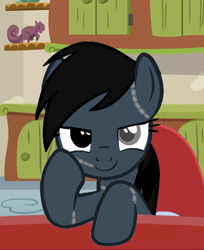 Size: 704x861 | Tagged: safe, edit, edited screencap, screencap, rainbow dash, pegasus, pony, flutter brutter, g4, anti-hero, beautiful, bedroom eyes, chair, cropped, cute, dashabetes, dead rainbow dash, female, hoof on cheek, hooves on the table, looking at you, mare, medical staples, seductive, sitting, smiling, smirk, solo, stitches, table, tumblrpon, wingless
