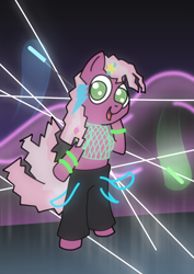 Size: 1288x1820 | Tagged: safe, artist:n', cheerilee, earth pony, semi-anthro, g4, arm hooves, clothes, colored pupils, fishnet clothing, glow rings, glowstick, newbie artist training grounds, pants, rave, solo