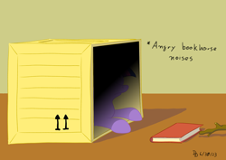 Size: 1200x849 | Tagged: safe, artist:darkdabula, twilight sparkle, pony, g4, angry horse noises, atg 2023, book, bookhorse, box, crate, descriptive noise, female, horse noises, lying down, mare, newbie artist training grounds, pony in a box, prone, solo, stick