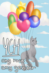 Size: 1945x2889 | Tagged: safe, artist:erein, pony, advertisement, any gender, any race, auction, auction open, balloon, cloud, commission, ears up, floating, looking at you, simple background, sky, smiling, solo, then watch her balloons lift her up to the sky, ych sketch, your character here