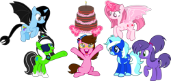 Size: 2866x1365 | Tagged: safe, artist:muhammad yunus, artist:nirguna1314, oc, oc only, oc:annisa trihapsari, oc:cool breezes, oc:kok ada, oc:teahie, oc:tiffany fisher, oc:violetta cuddles belle, alicorn, dracony, dragon, earth pony, hybrid, pony, unicorn, g4, base used, birthday cake, cake, earth pony oc, female, flower, food, glasses, happy, hat, magic, mare, open mouth, open smile, ponytail, simple background, sitting, smiling, telekinesis, transparent background