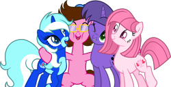 Size: 1760x896 | Tagged: safe, artist:frozen-heart667, artist:muhammad yunus, oc, oc only, oc:annisa trihapsari, oc:cool breezes, oc:tiffany fisher, oc:violetta cuddles belle, earth pony, pony, unicorn, g4, best friends, eyes closed, female, glasses, happy, hat, hugging a pony, mare, one eye closed, open mouth, open smile, simple background, smiling, squishy cheeks, transparent background