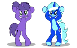 Size: 830x522 | Tagged: safe, artist:muhammad yunus, artist:stellar-ponies, oc, oc only, oc:cool breezes, oc:violetta cuddles belle, pony, unicorn, g4, base used, caramelldansen, cute, dancing, duo, duo female, female, happy, looking at you, ocbetes, ponytail, simple background, smiling, smiling at you, together, transparent background