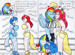 Size: 1280x937 | Tagged: safe, artist:jose-ramiro, rainbow dash, oc, oc:olivia yamakara, fox, hybrid, kitsune, pegasus, anthro, unguligrade anthro, g4, beaten up, birthday, blowing whistle, boob smothering, boxing, breasts, busty rainbow dash, canon x oc, comic, female, high heels, hoof hold, kissing, krystal, lesbian, literal foxy boxing, lucky girl, muscles, muscular female, puffy cheeks, rainblow dash, rainbow dashs coaching whistle, rainbuff dash, referee, referee rainbow dash, request, ship:oliviadash, shoes, smothering, sports, spread wings, star fox, tail, that pony sure does love whistles, whistle, whistle necklace, wingboner, wings