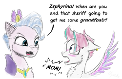 Size: 1850x1201 | Tagged: safe, artist:chopsticks, queen haven, zipp storm, pegasus, pony, g5, alternate hairstyle, blushing, cheek fluff, chest fluff, dialogue, duo, ear fluff, embarrassed, female, implied hitch trailblazer, implied shipping, implied stormblazer, implied straight, jewelry, mare, mother and child, mother and daughter, mothers gonna mother, regalia, shipper on deck, sketch, spread wings, subtle as a train wreck, text, that pony sure does want grandfoals, wings