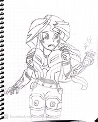 Size: 1100x1371 | Tagged: safe, artist:eternalreepr, sunset shimmer, human, equestria girls, g4, armor, drawing, fanfic art, fimfiction, graph paper, magic, power armor, solo, traditional art