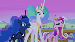 Size: 3840x2160 | Tagged: safe, screencap, princess cadance, princess celestia, princess luna, alicorn, pony, g4, twilight's kingdom, alicorn triarchy, concave belly, female, folded wings, height difference, high res, lidded eyes, mare, outdoors, scary, slender, smiling, thin, trio, weird, wings