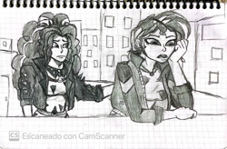 Size: 1102x725 | Tagged: safe, artist:eternalreepr, adagio dazzle, sunset shimmer, human, equestria girls, g4, clothes, drawing, fanfic art, female, fimfiction, graph paper, human sunset, jacket, leather, leather jacket, lesbian, ship:sunsagio, shipping, traditional art