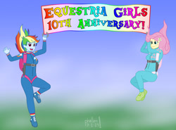 Size: 2800x2074 | Tagged: safe, artist:phallen1, derpibooru exclusive, fluttershy, rainbow dash, human, equestria girls 10th anniversary, equestria girls, g4, banner, blushing, clothes, falling, high res, jumpsuit, open mouth, open smile, parachute, skydiver, skydiving, smiling