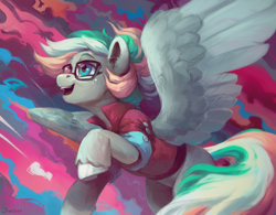 Size: 2560x2000 | Tagged: safe, artist:jewellier, oc, oc only, oc:shirley flow, pegasus, pony, g5, abstract background, birthday gift art, clothes, g5 oc, gift art, glasses, happy, high res, looking up, oda 1997, pegasus oc, solo, spread wings, wings
