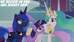 Size: 2000x1125 | Tagged: safe, edit, edited screencap, editor:quoterific, screencap, princess celestia, princess luna, twilight sparkle, alicorn, pony, g4, the beginning of the end, jewelry, looking at each other, looking at someone, peytral, regalia, twilight sparkle (alicorn)