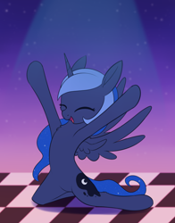 Size: 1620x2070 | Tagged: safe, artist:dusthiel, princess luna, alicorn, pony, g4, belly, chest fluff, colored, eyes closed, female, happy, hooves in air, kneeling, mare, open mouth, open smile, smiling, solo, spread wings, wings
