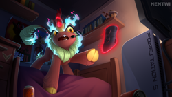 Size: 2560x1439 | Tagged: safe, artist:hentwi, cinder glow, summer flare, kirin, g4, angry, bed, bedroom, cloven hooves, controller, female, gamer, headset, imminent nirik, magic, room, solo, telekinesis, throwing
