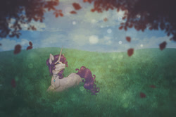 Size: 1280x850 | Tagged: safe, artist:blitsazalisdash, rarity, pony, unicorn, g4, blue sky, grass, grass field, horn, jewelry, long horn, looking up, lying down, lying on grass, lying on the ground, necklace, prone, smiling, solo