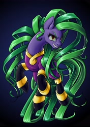 Size: 3508x4960 | Tagged: safe, artist:maneiacmayhem, mane-iac, earth pony, pony, g4, absurd resolution, angry, antagonist, blue background, clothes, digital art, eyelashes, fangs, female, green eyes, green mane, green tail, grin, jewelry, looking at you, mare, pose, simple background, smiling, smiling at you, solo, suit, tail, teeth, villainess