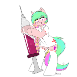 Size: 3000x3000 | Tagged: safe, artist:xcinnamon-twistx, oc, oc only, oc:junkie, earth pony, semi-anthro, :p, arm hooves, artfight, braid, clothes, high res, injection, nurse, partial color, simple background, socks, solo, stockings, syringe, thigh highs, tongue out, transparent background