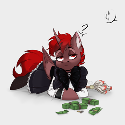Size: 1500x1500 | Tagged: safe, artist:di_windings, oc, oc only, oc:hardy, alicorn, pony, chest fluff, clothes, crossdressing, ear fluff, maid, male, money, question mark, simple background, stallion, white background