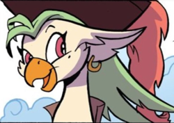 Size: 463x328 | Tagged: safe, artist:andypriceart, captain celaeno, bird, ornithian, parrot, anthro, g4, idw, spoiler:comic100, beak, bird pirate, cropped, happy, hat, parrot pirate, pirate, pirate hat, smiling