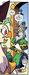 Size: 397x1009 | Tagged: safe, artist:andypriceart, idw, captain celaeno, princess ocypete, bird, eagle, ornithian, parrot, anthro, g4, spoiler:comic, spoiler:comic100, birb, greeting, harpy eagle, hat, implied lesbian, looking at each other, looking at someone, nickname, pirate, pirate hat, princess, reunion, sapphic, smiling, smiling at each other