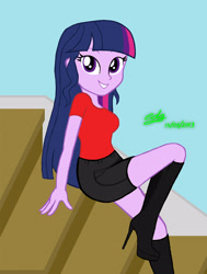 Size: 1880x2490 | Tagged: safe, artist:gibsterboy5, twilight sparkle, human, equestria girls, g4, boots, clothes, female, high heel boots, high heels, looking at you, photoshop, shirt, shoes, shorts, simple background, sitting, smiling, smiling at you, solo, stairs