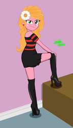 Size: 1220x2140 | Tagged: safe, artist:gibsterboy5, idw, sunflower (g4), human, equestria girls, g4, blouse, boots, clothes, female, flower, flower in hair, high heel boots, high heels, leather, leather boots, looking at you, miniskirt, raised leg, shoes, skirt, solo, thigh boots