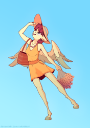 Size: 2462x3500 | Tagged: safe, artist:greatyaru, artist:yarugreat, oc, oc:minty rose, pegasus, anthro, bag, bouquet, clothes, cottagecore, dress, female, flower, hat, high res, pegasus oc, smiling, solo, spread wings, wings