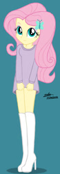 Size: 535x1546 | Tagged: safe, artist:gibsterboy5, fluttershy, human, equestria girls, g4, blue background, boots, butterfly hairpin, clothes, cyan background, female, hairpin, high heel boots, high heels, looking at you, partial nudity, shoes, simple background, solo, stupid sexy fluttershy, sweater, sweater dress, sweatershy, thigh boots