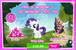 Size: 1965x1302 | Tagged: safe, gameloft, rarity, pony, unicorn, g4, my little pony: magic princess, advertisement, costs real money, english, female, filly, filly rarity, foal, gem, horn, mare, mobile game, numbers, rock, sale, solo, text, younger