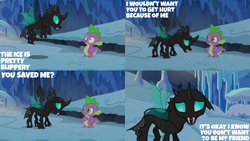 Size: 2000x1125 | Tagged: safe, edit, edited screencap, editor:quoterific, screencap, spike, thorax, changeling, dragon, g4, the times they are a changeling, fangs