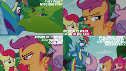 Size: 2000x1125 | Tagged: safe, edit, edited screencap, editor:quoterific, screencap, apple bloom, rainbow dash, scootaloo, sweetie belle, earth pony, pegasus, pony, unicorn, g4, growing up is hard to do, clothes, cutie mark crusaders, disappointed, firm, goggles, uniform, wonderbolts uniform
