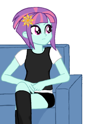 Size: 600x800 | Tagged: safe, artist:gibsterboy5, sunny flare, human, equestria girls, g4, boots, clothes, couch, female, hairpin, looking away, photoshop, shirt, shoes, shorts, simple background, sitting, solo, transparent background