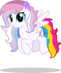 Size: 821x984 | Tagged: safe, artist:mlp-trailgrazer, oc, oc only, oc:feather paint, pegasus, pony, bigender pride flag, colored ears, female, flying, heterochromia, looking at you, mare, multicolored mane, multicolored tail, pansexual pride flag, pride, pride flag, simple background, smiling, smiling at you, solo, spread wings, tail, transparent background, white coat, wings