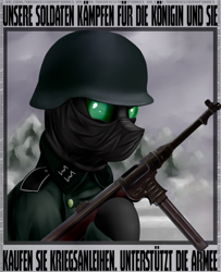 Size: 1126x1390 | Tagged: safe, artist:richmay, edit, editor:tss, oc, oc only, changeling, equestria at war mod, army, bust, changeling oc, clothes, glare, green changeling, gun, helmet, hoof hold, looking at you, machine gun, mask, military, military uniform, mp40, order storm ponies, portrait, poster, poster parody, propaganda, propaganda parody, solo, submachinegun, uniform, war, weapon, winter, world war ii