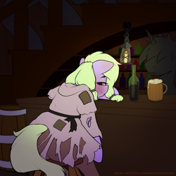 Size: 2900x2900 | Tagged: safe, artist:sketchy knight, oc, oc:chuggie jug, pony, alcohol, bar, bartender, beer, blushing, blushing profusely, booth, bottle, clothes, drunk, female, high res, large butt, looking at you, looking back, looking back at you, mare, mug, pants, sitting, smiling, smiling at you, tail, tavern