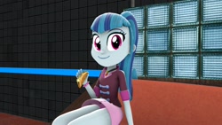 Size: 1920x1080 | Tagged: safe, artist:rainofbladess, sonata dusk, human, equestria girls 10th anniversary, equestria girls, g4, 3d, booth, clothes, club, female, food, hair, looking at you, sitting, skirt, smiling, smiling at you, solo, sonataco, source filmmaker, table, taco, upskirt