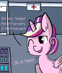 Size: 1792x2088 | Tagged: safe, artist:wissle, princess cadance, alicorn, pony, g4, atg 2023, clinic, comic, dialogue, female, followup, implied pinkie pie, implied twilight sparkle, mare, newbie artist training grounds, offscreen character, open mouth, smiling, solo, sterilization, style emulation